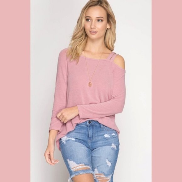 Double Strap Cold Shoulder Top Long Sleeve - Picture 9 of 11